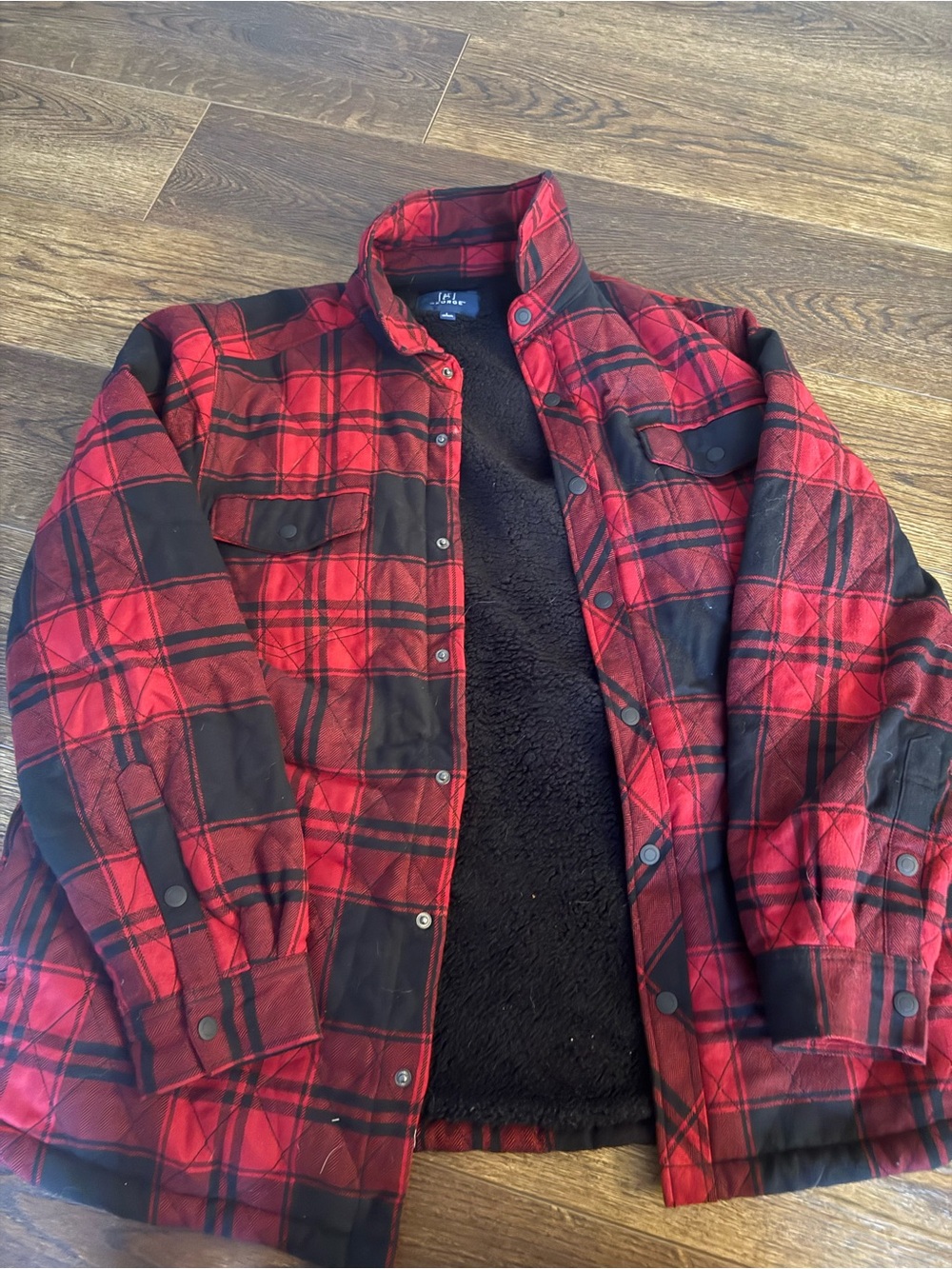 George Red and Black Plaid Sherpa-Lined Shirt Jacket